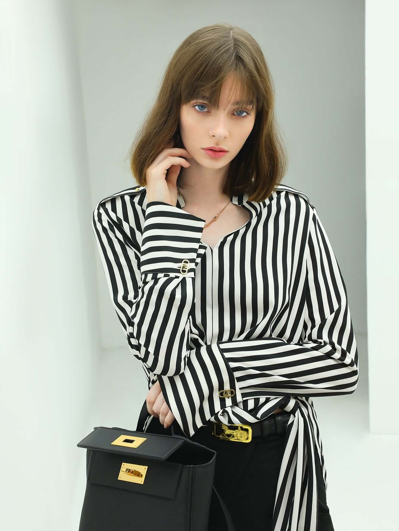 Flowy Vertical Stripe Shirt with a Side Belt-1