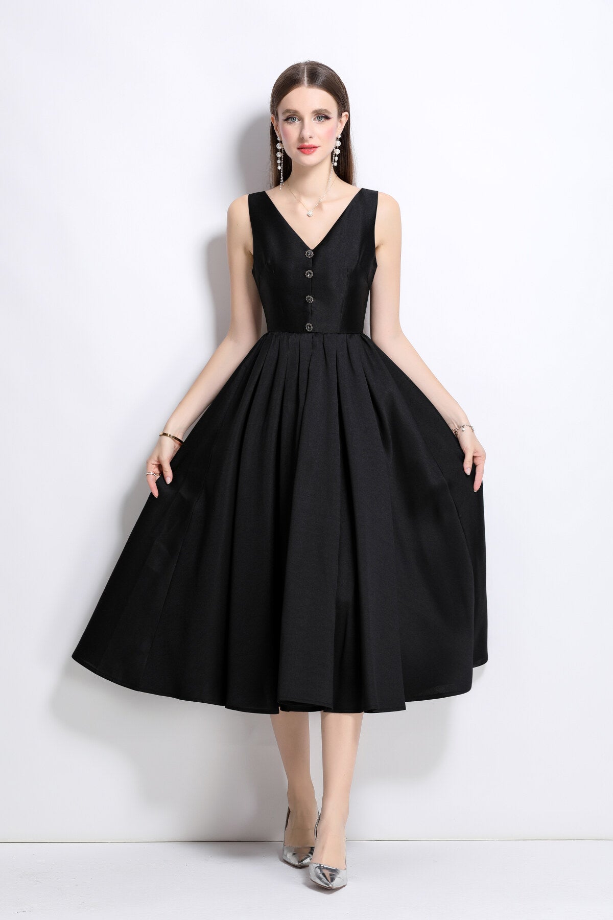 French Elegant Fitted Waist Midi V Neck Dress-2