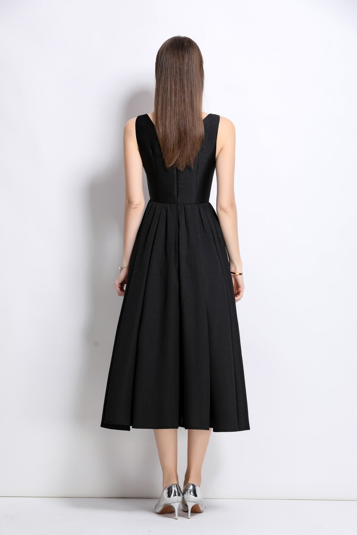 French Elegant Fitted Waist Midi V Neck Dress-3