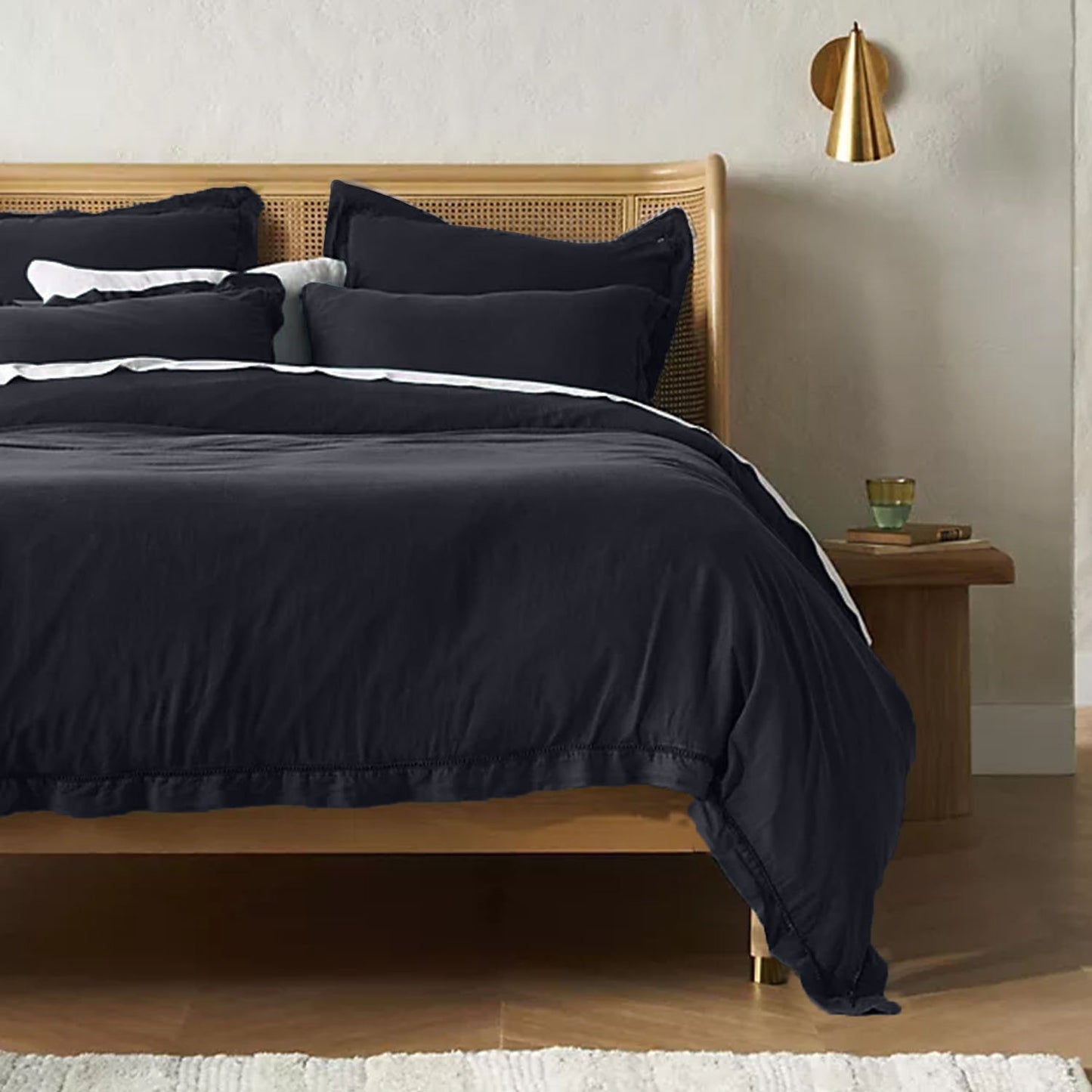 EmbroideredEdgeCharcoalBlack 100% Pure Linen | Linen Cotton Mix | 3 Piece Duvet Cover Set | 4 Piece Sheet Set | Handmade | Pre-washed | Soft-0