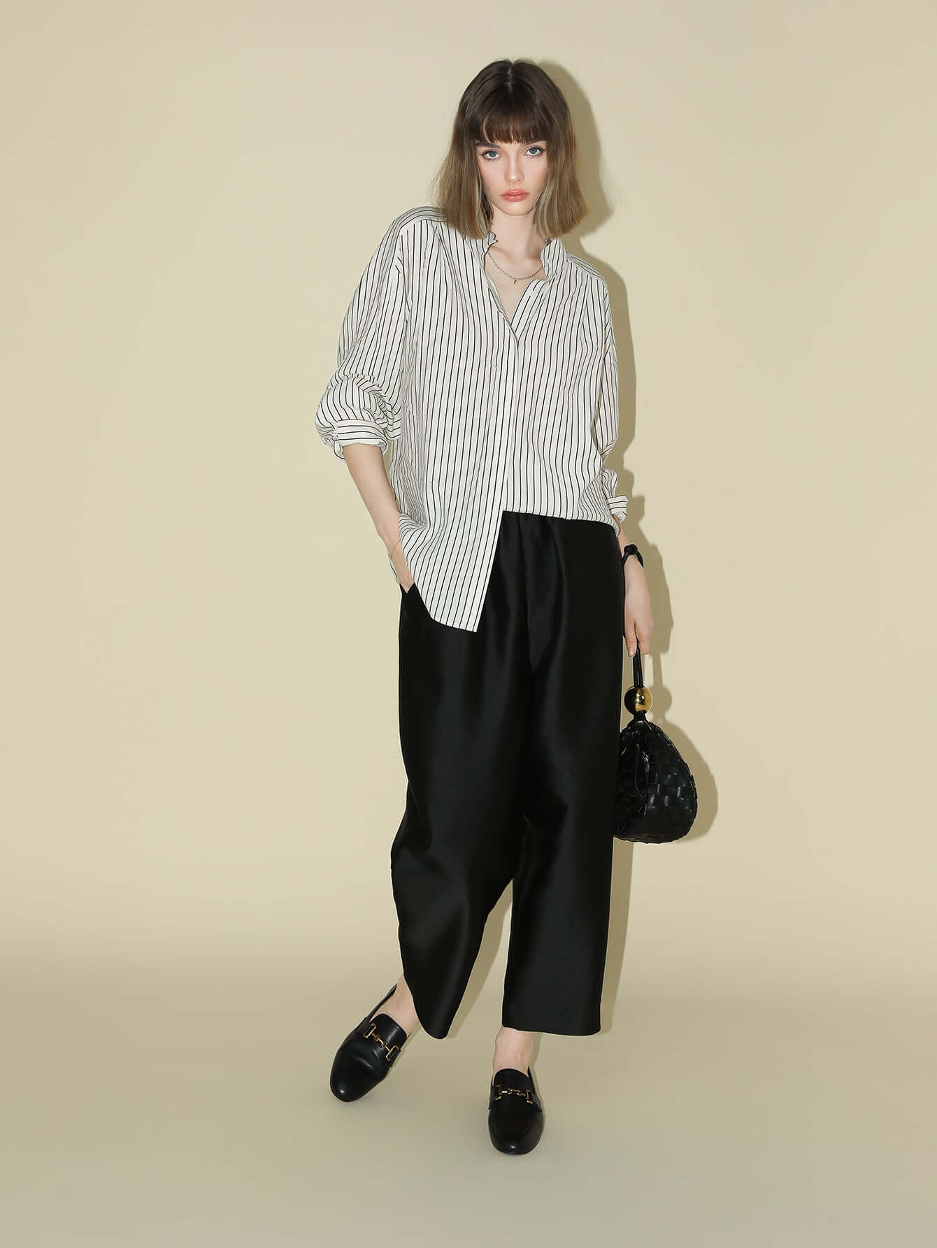 Pin Tuck Stripe Collared Long Sleeve Shirt-0