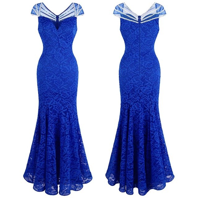 Women's Cap Sleeve Beading Lace Evening Dresses Long Mermaid Wedding Party Gown Blue-3