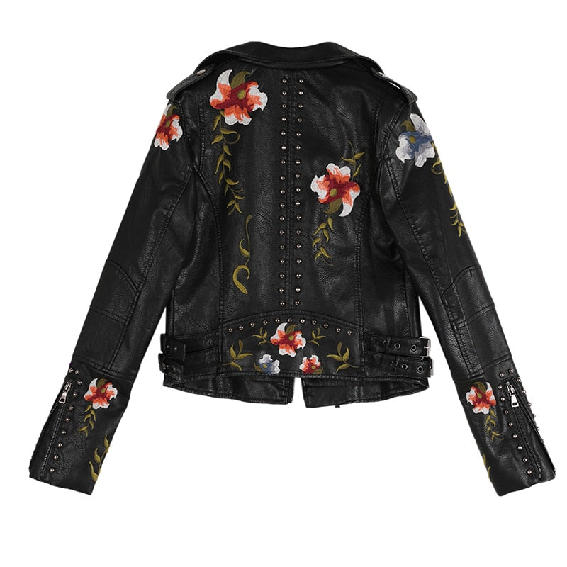 Women Floral Print Embroidery Faux Soft Leather Jacket Coat Turn-down Collar Casual Pu Motorcycle Black Punk Outerwear-1