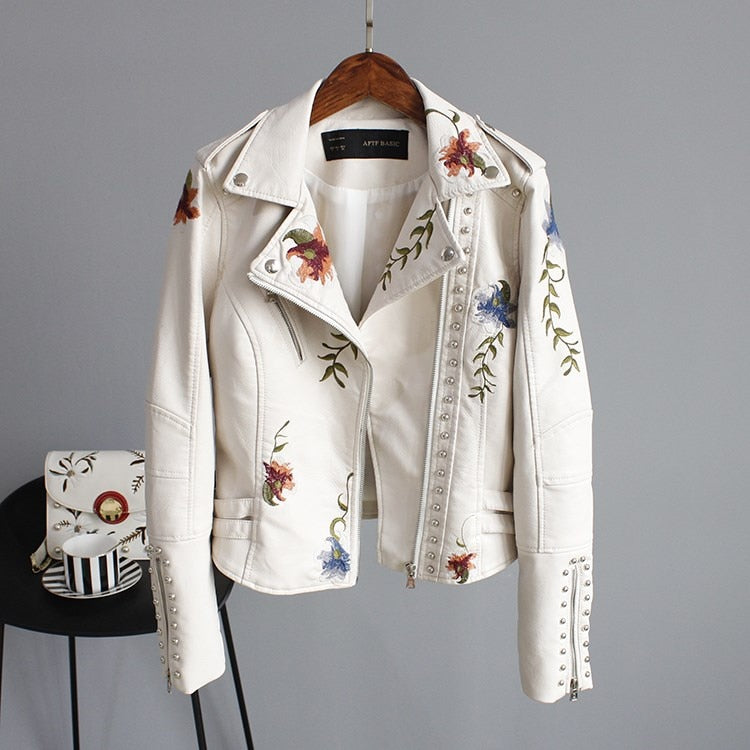 Women Floral Print Embroidery Faux Soft Leather Jacket Coat Turn-down Collar Casual Pu Motorcycle Black Punk Outerwear-3