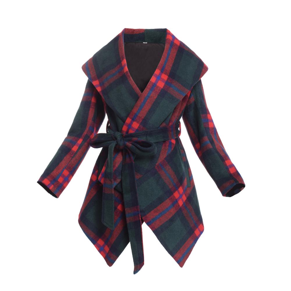 Women Winter Wool Jacket Coat Vintage Turn Down Shawl Collar Plaid Woolen Blend Overcoat Tops Outwear-0