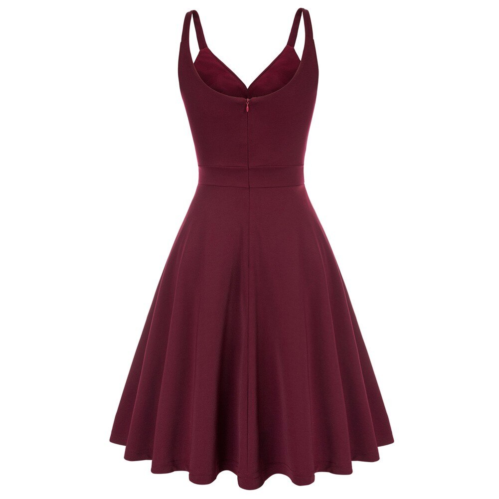 Grace Karin Women V-Neck Cami Dress Summer Sexy U-Back Pleated Bodice Flared A-Line Knee Length Swing Dress Cocktail Party Lady-2