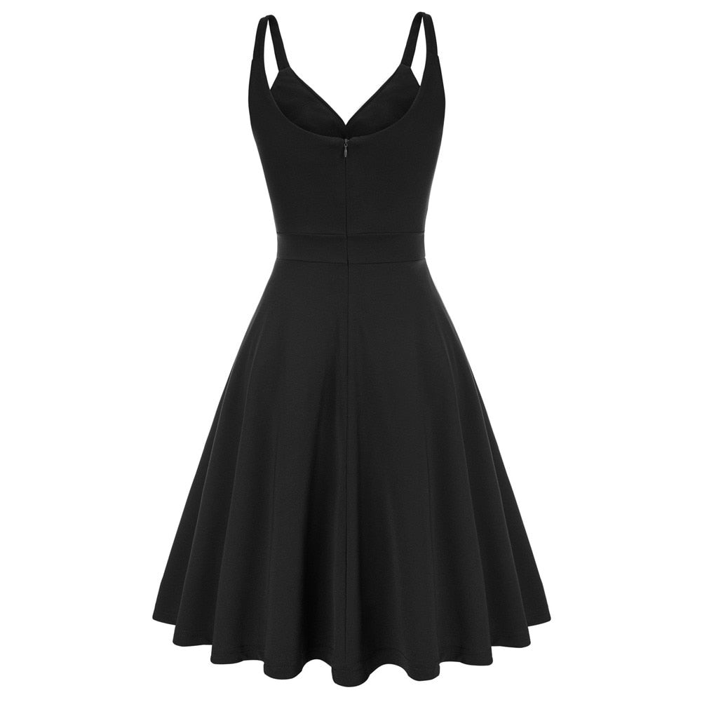 Grace Karin Women V-Neck Cami Dress Summer Sexy U-Back Pleated Bodice Flared A-Line Knee Length Swing Dress Cocktail Party Lady-4