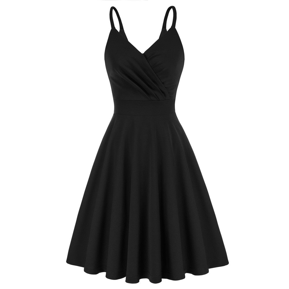 Grace Karin Women V-Neck Cami Dress Summer Sexy U-Back Pleated Bodice Flared A-Line Knee Length Swing Dress Cocktail Party Lady-3