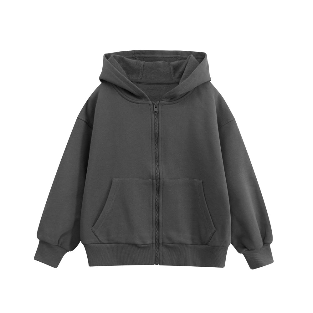 Spring European and American Style Kids’ Outerwear: Solid Color Long Sleeves Zip-up Hooded Coat for Children-1