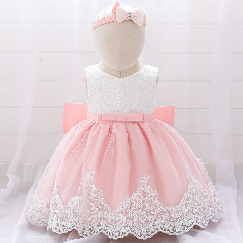 Baby Girl Floral Mesh Overlay Design Princess Full Moon Formal Dress & Headband-8