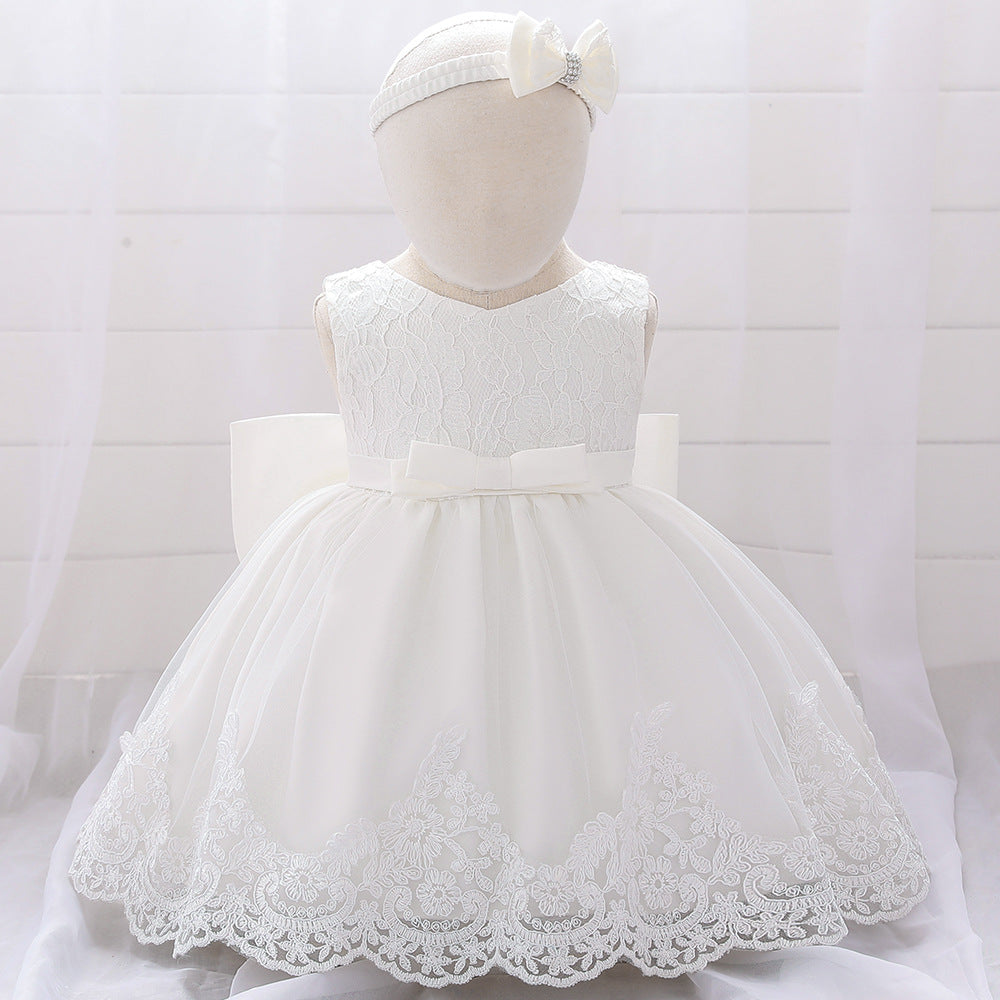 Baby Girl Floral Mesh Overlay Design Princess Full Moon Formal Dress & Headband-11
