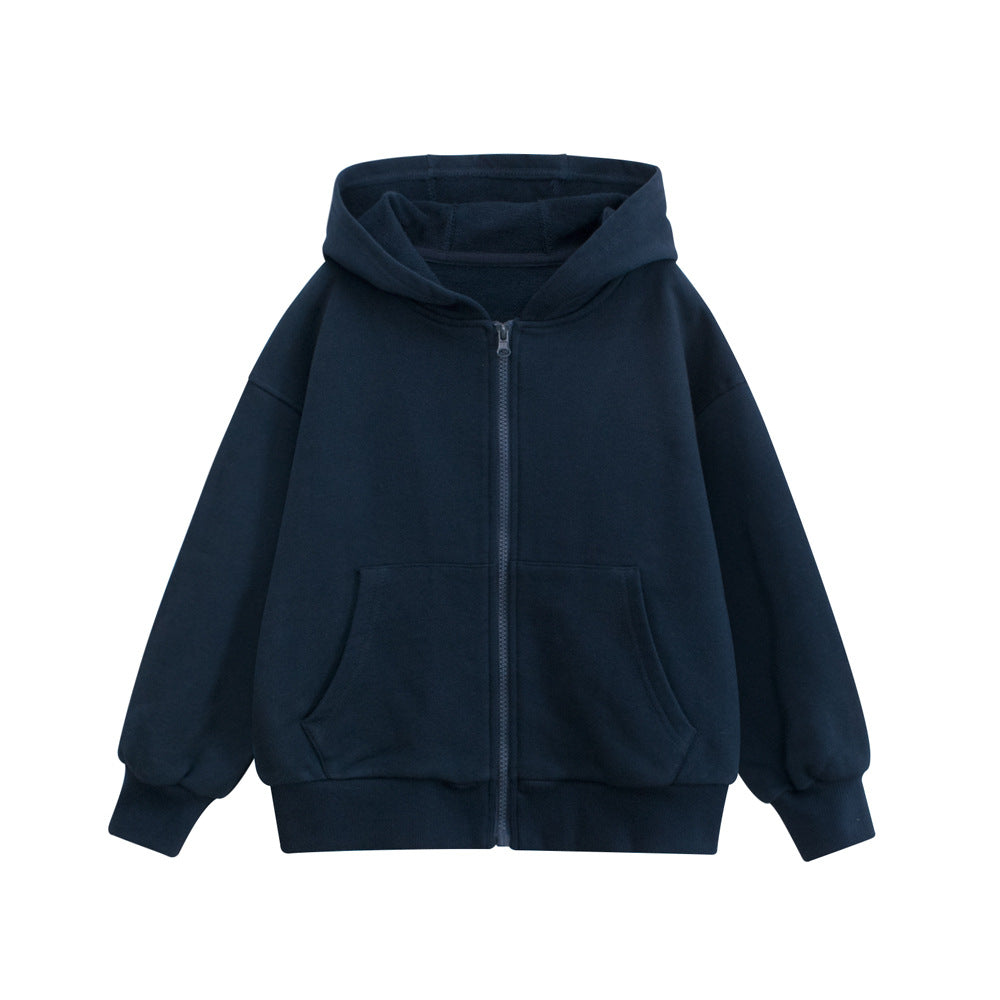 Spring European and American Style Kids’ Outerwear: Solid Color Long Sleeves Zip-up Hooded Coat for Children-4