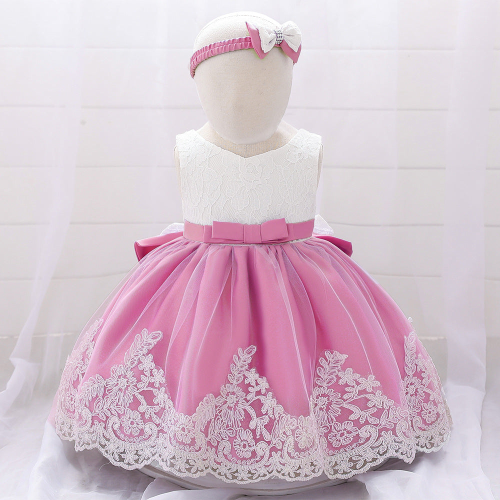 Baby Girl Floral Mesh Overlay Design Princess Full Moon Formal Dress & Headband-9