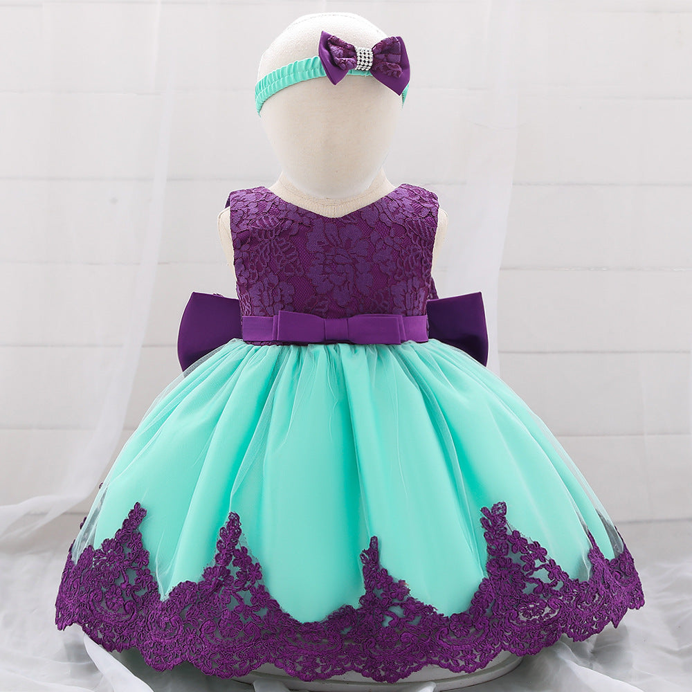 Baby Girl Floral Mesh Overlay Design Princess Full Moon Formal Dress & Headband-7
