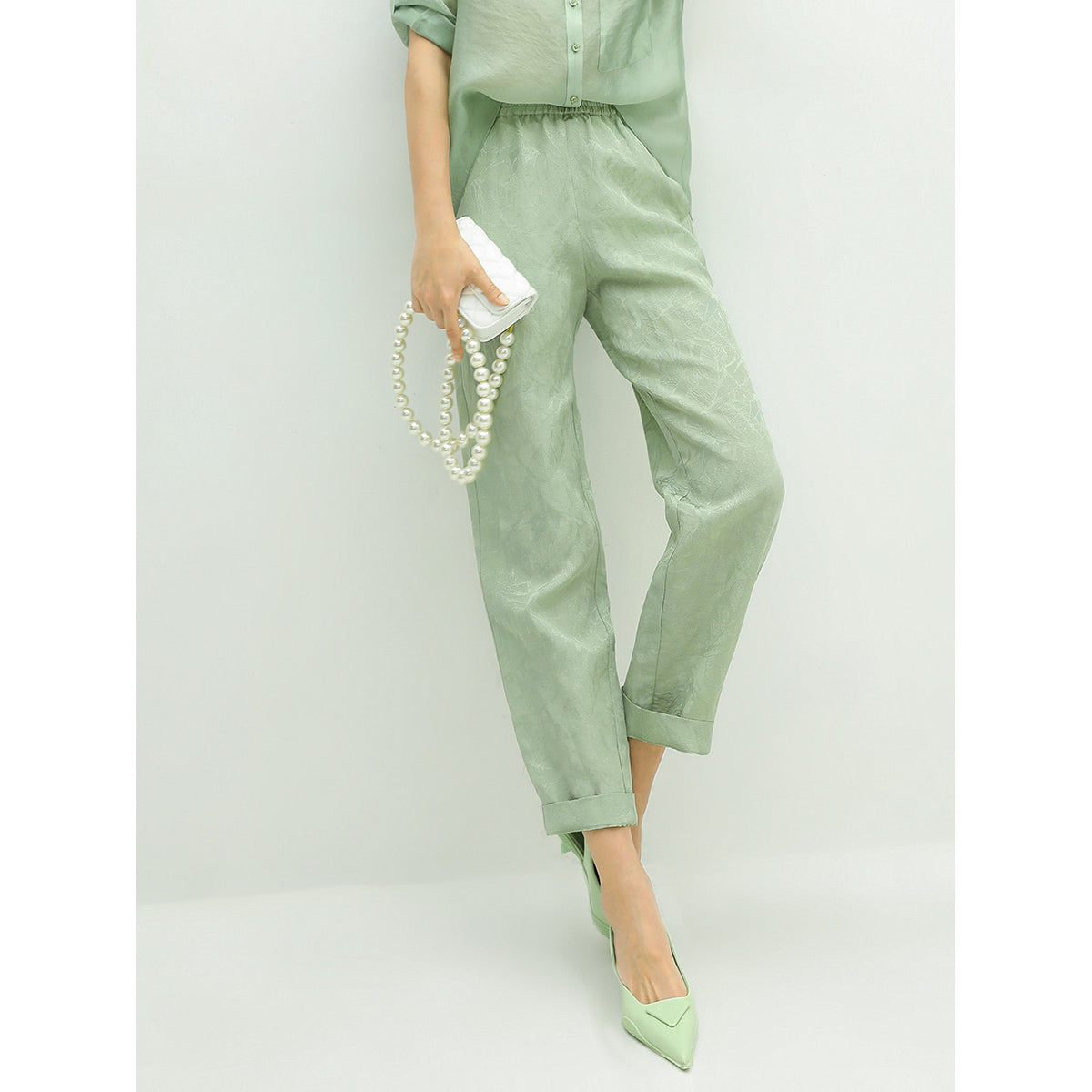 Relaxed Fit Light Green Ankle Pants-0