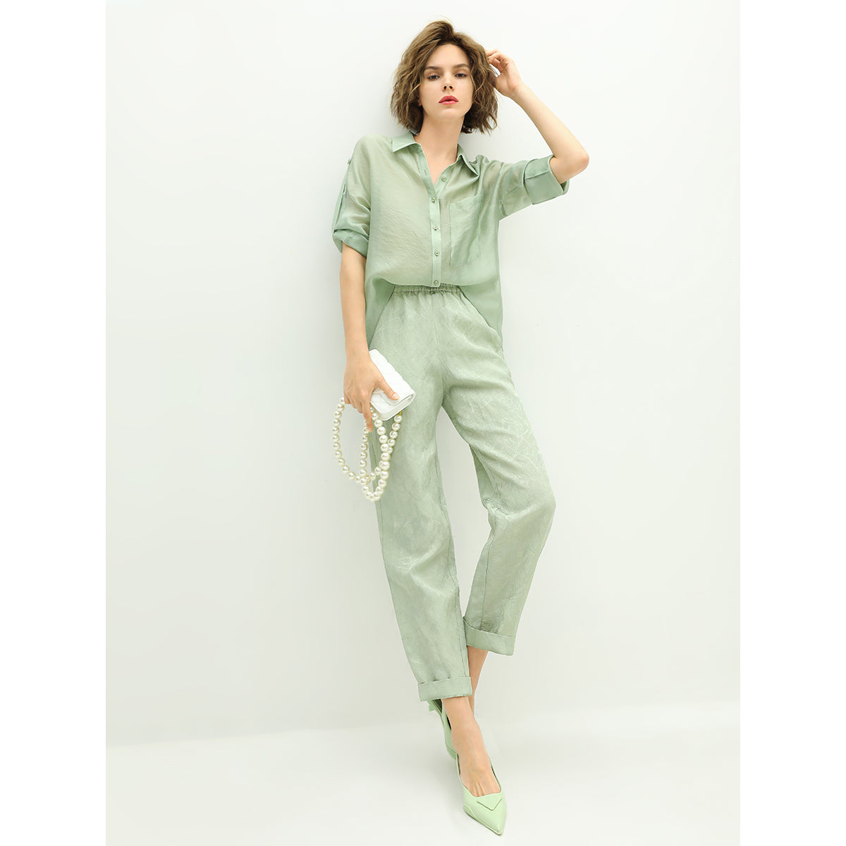 Relaxed Fit Light Green Ankle Pants-1