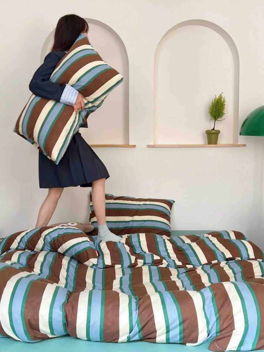 Retro Earthy Tone Stripe Queen Duvet Cover Set with Pillowcases, 100% Cotton-0
