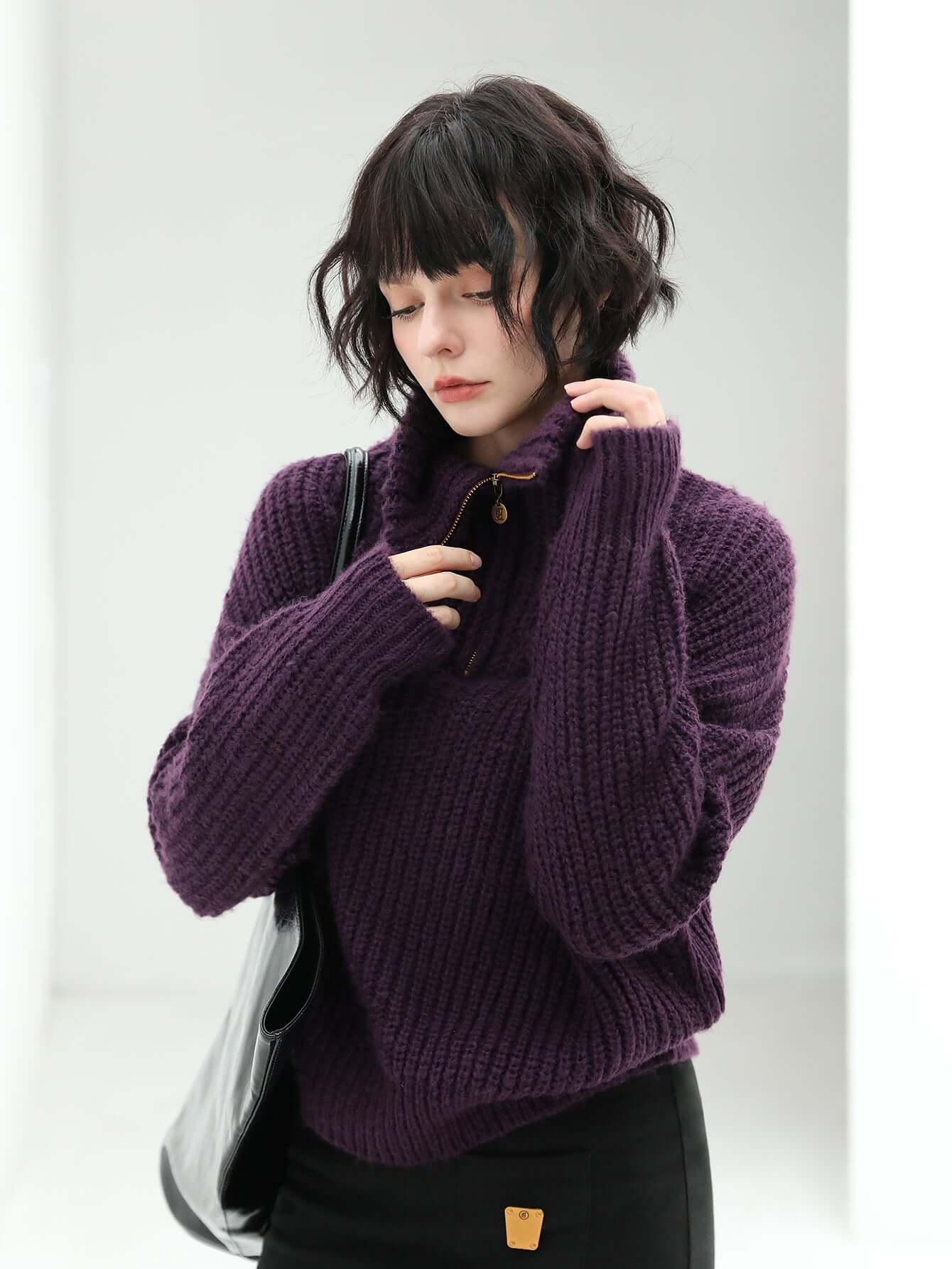Retro Half-zip Purple Knit Top-1