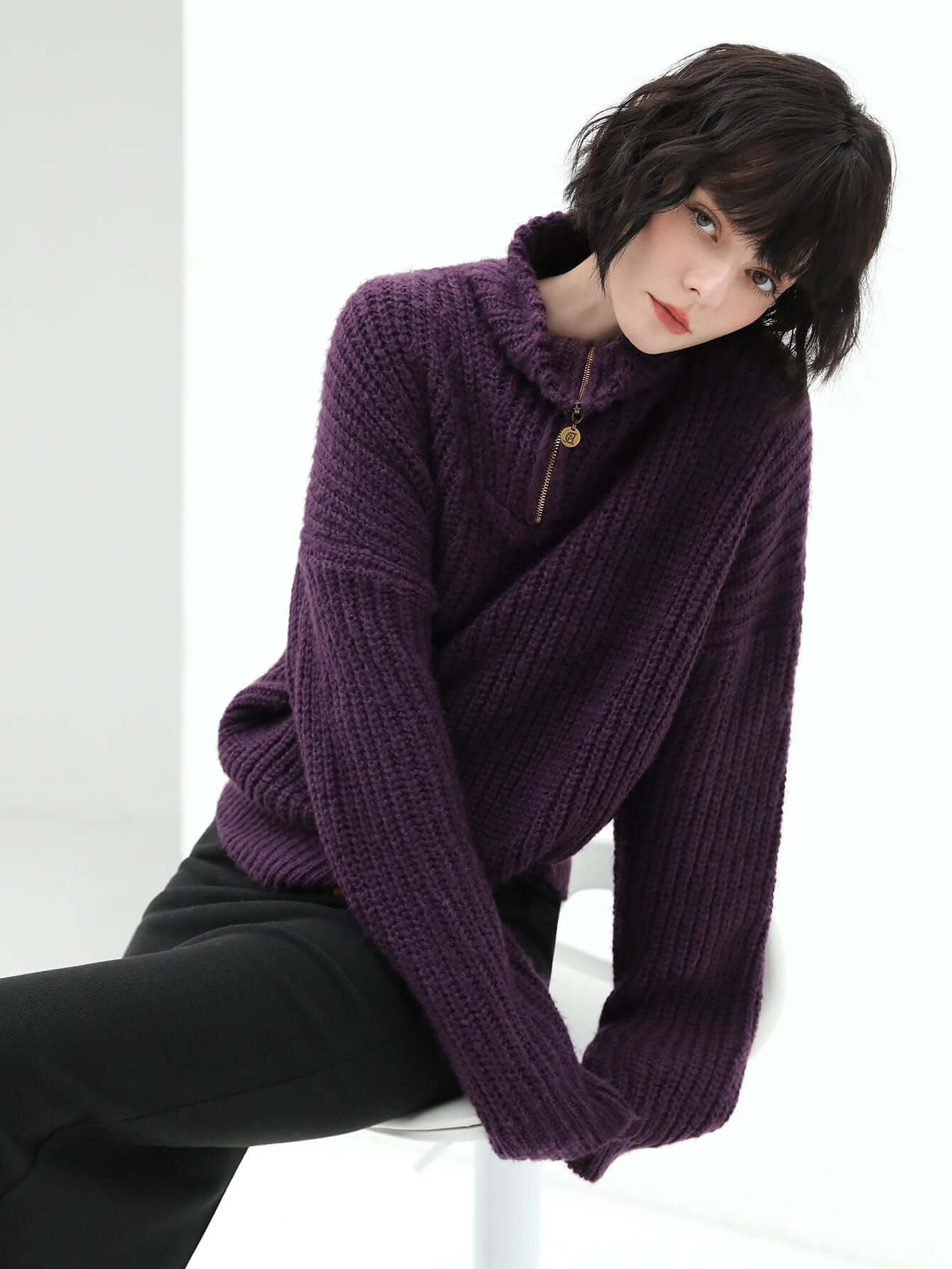 Retro Half-zip Purple Knit Top-2