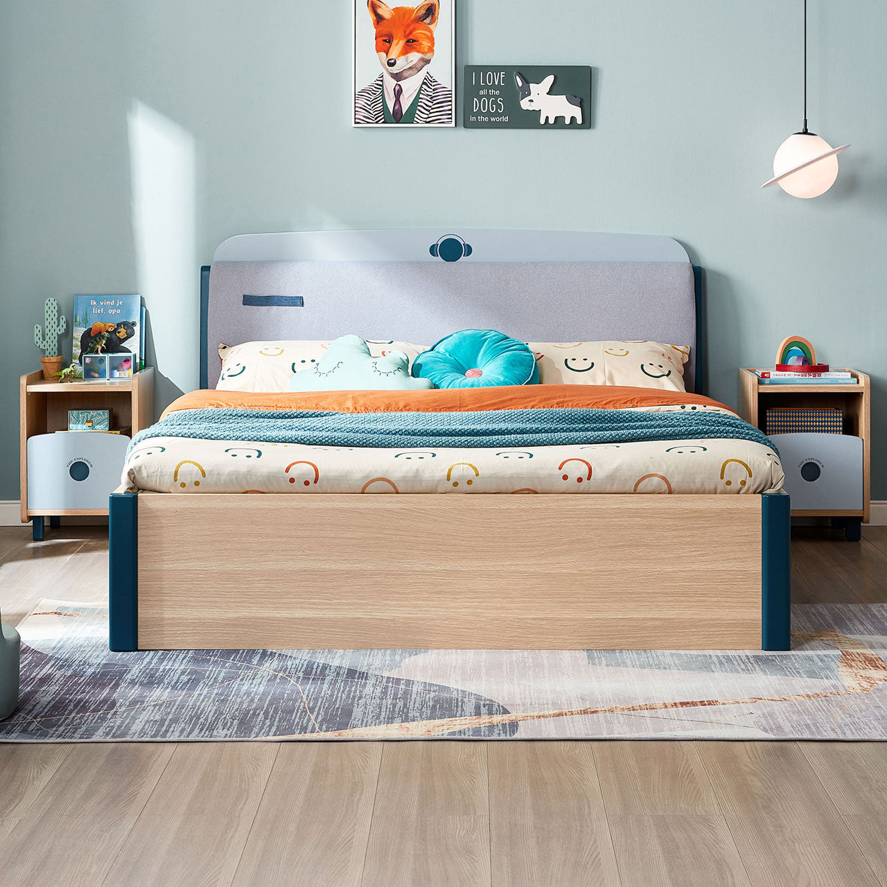 Single Blue Platform Bed Mattress Set and Storage-0