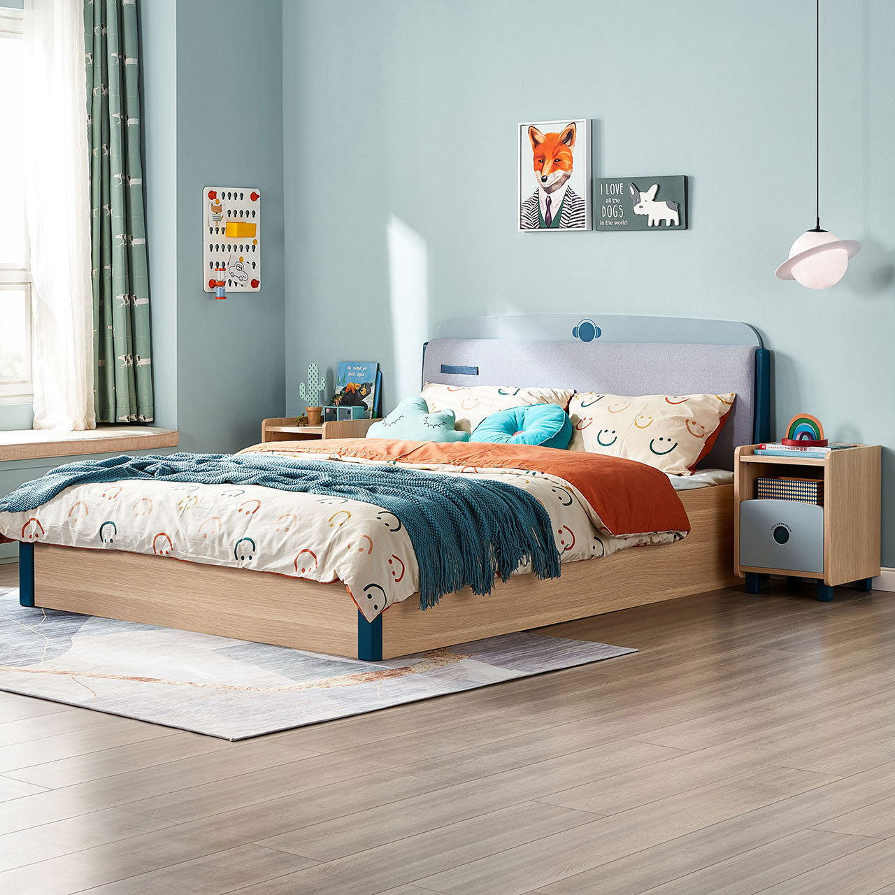 Single Blue Platform Bed Mattress Set and Storage-4