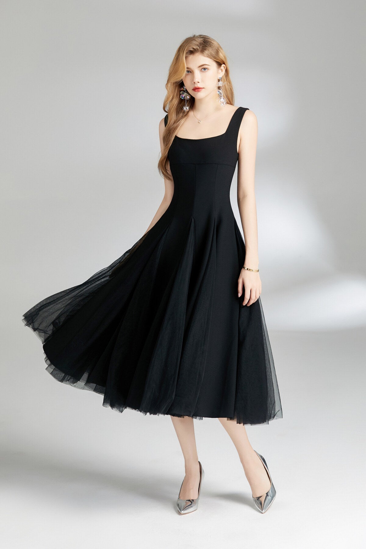 Thick Strap Tulle Puffy Fairy Midi Dress-2