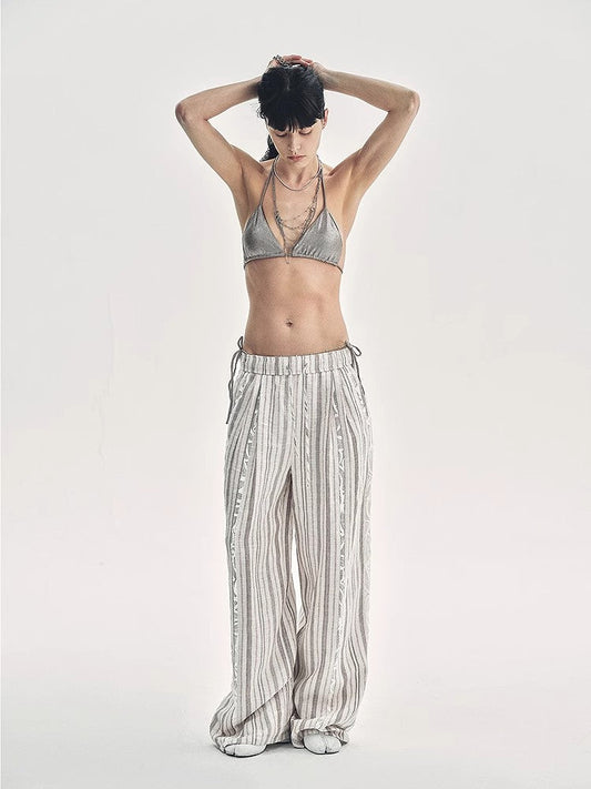 Linen Vertical Stripe Drape Wide Leg Casual Pants"Fashion Tension"-0