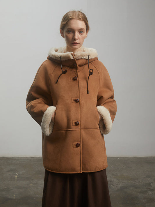"Danish Winter" Shearling Wool Contrasting Artificial Compositesuede Coat Hooded Short Style-0