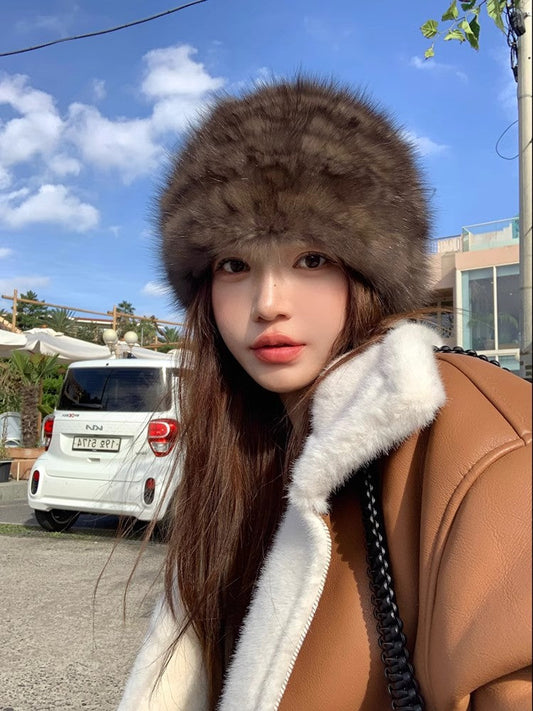 Mink Fur Knit Fur Hat with Elastic Headband and Ear Protection for Women – Reversible Genuine Mink Fur Winter Hat-0
