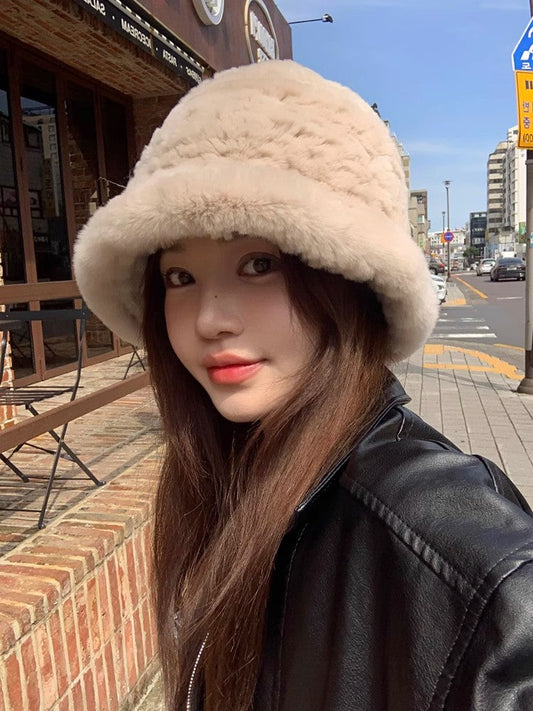 Rex rabbit fur hand-knitted bucket hat-0