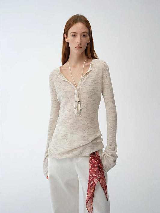 Fashionable cotton and linen beaded fancy yarn waisted bell sleeves round neck cardigan knitted top"Perry Moonlight"-0