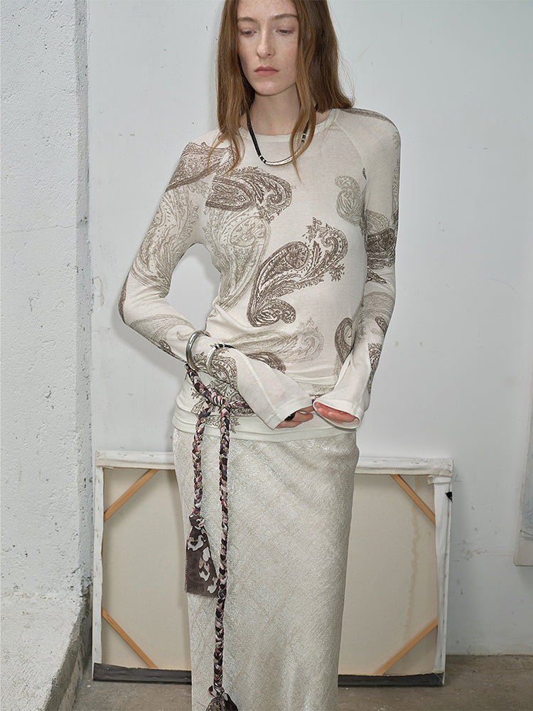 Tencel wool original cashew print round neck slim long sleeve and skirt"Vintage Gene"-1