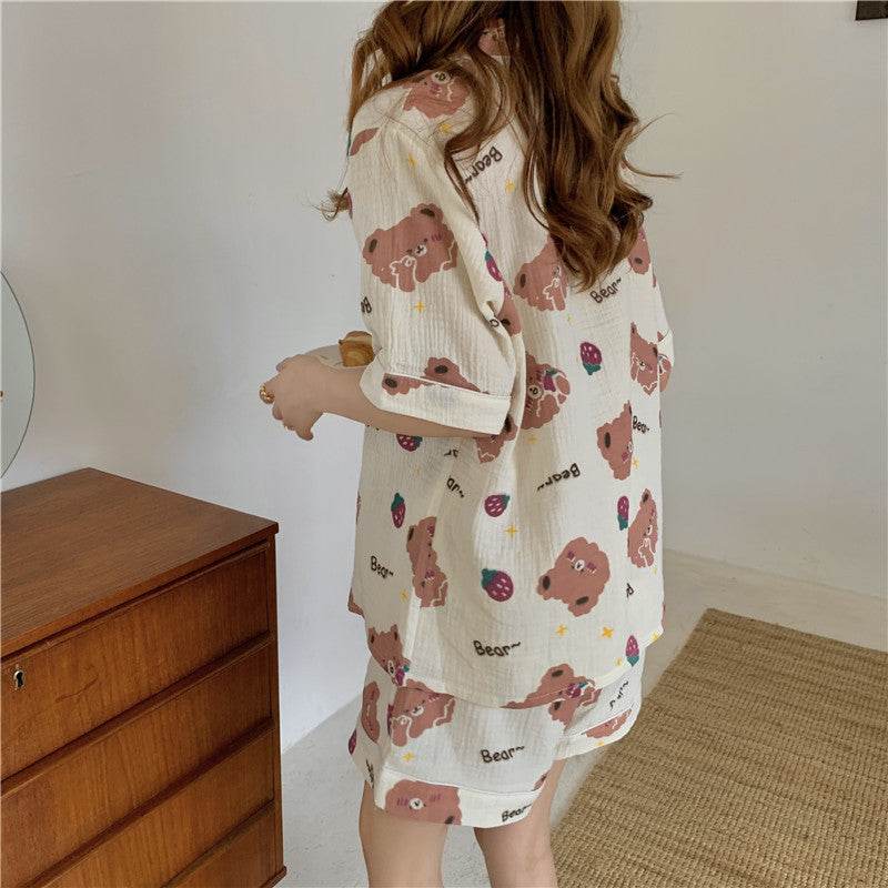Little Bear Strawberry Print Short Sleeve Shorts Women Pajamas Sleep and Lounge wear