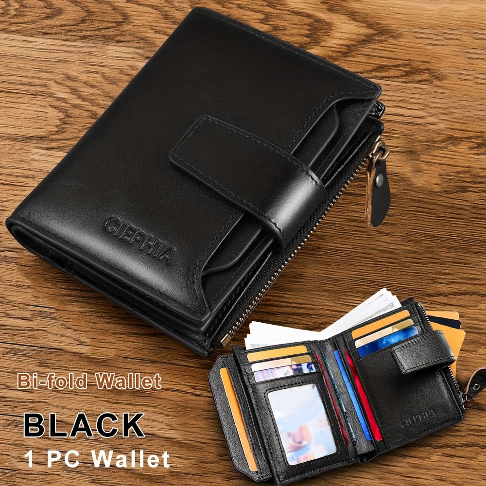 1pc CIEPHIA Men's Genuine Leather Wallet Vintage RFID Blocking Anti-Theft Billfold with Adjustable Strap, 17 Card Slots, ID Window, Coin Pocket & Zipper Closure - Deep Brown, Valentine's Day Gift for Men, Perfect for Thanksgi