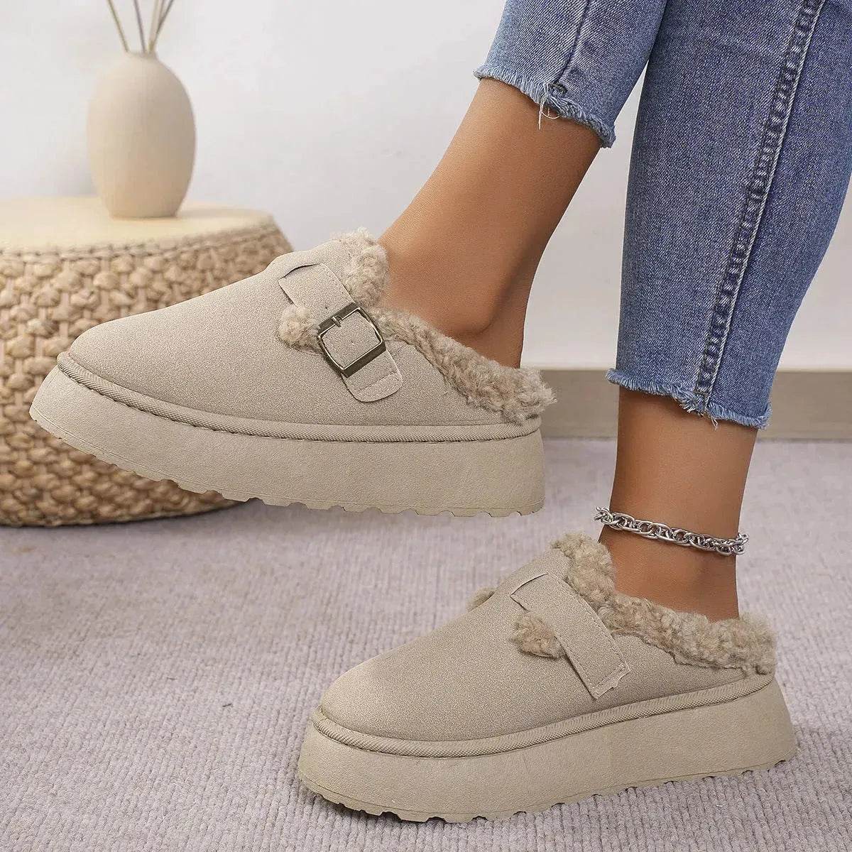 Fashion Thick-soled Plush Buckle Cotton Home platform Winter Slippers Indoor And Outdoor Casual Warm Women Garden Slipper