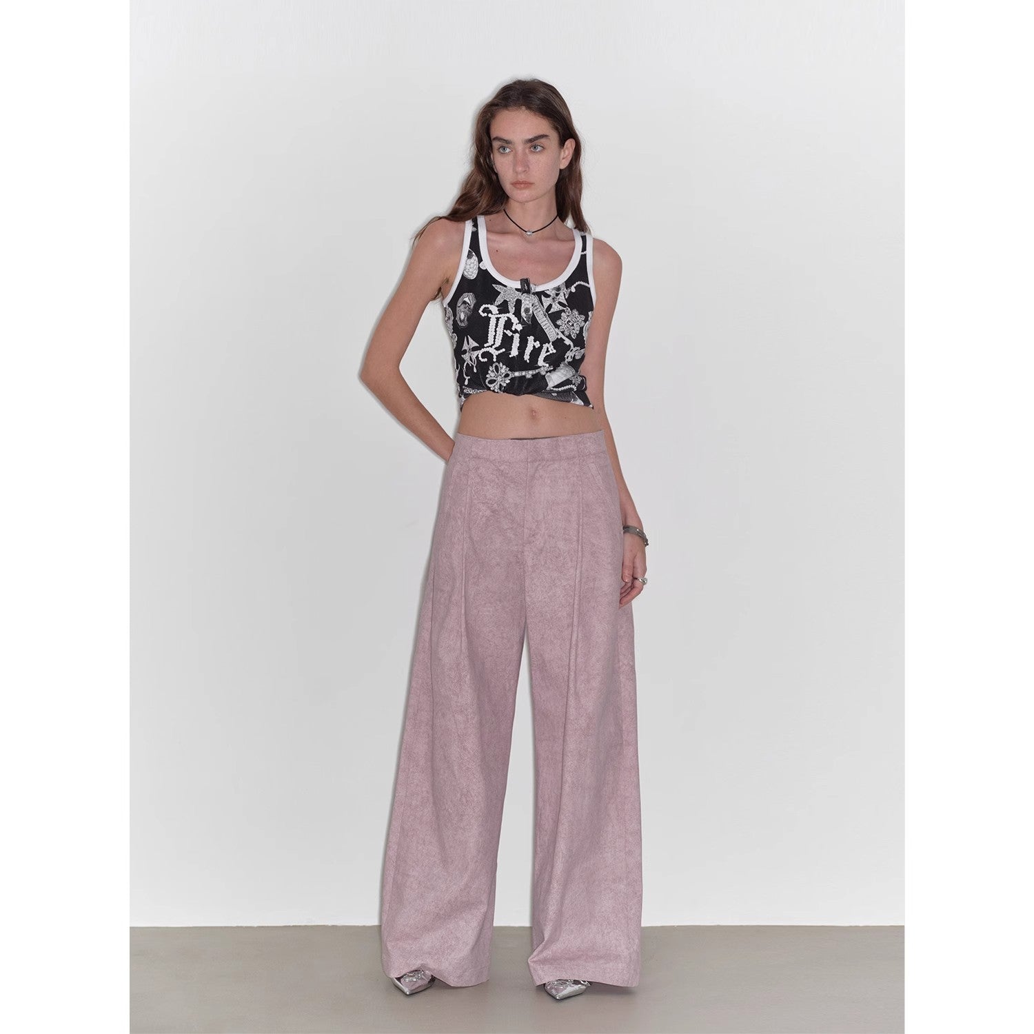 "Light and Shadow Walking" Retro Fashionable Dirty Printed Reverse-Fold Mid-Low-Waist Double-pleat Straight-leg Wide-Leg Casual Pants-0