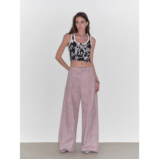 "Light and Shadow Walking" Retro Fashionable Dirty Printed Reverse-Fold Mid-Low-Waist Double-pleat Straight-leg Wide-Leg Casual Pants-0