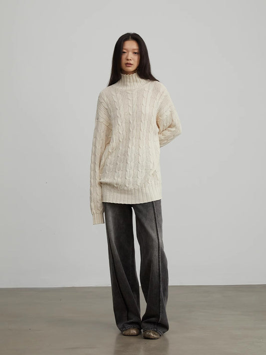 Warm family Jacquard Loose Straight Turtleneck Knit Sweater-0