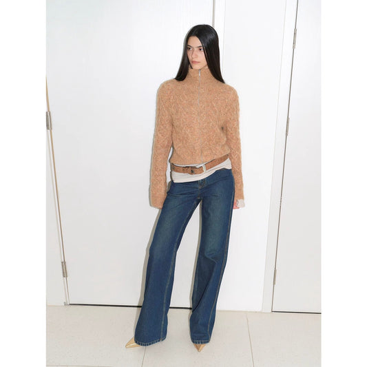 "Romantic Cable" vintage warm flower basic mohair wool cable blend zipper knitted cardigan-0