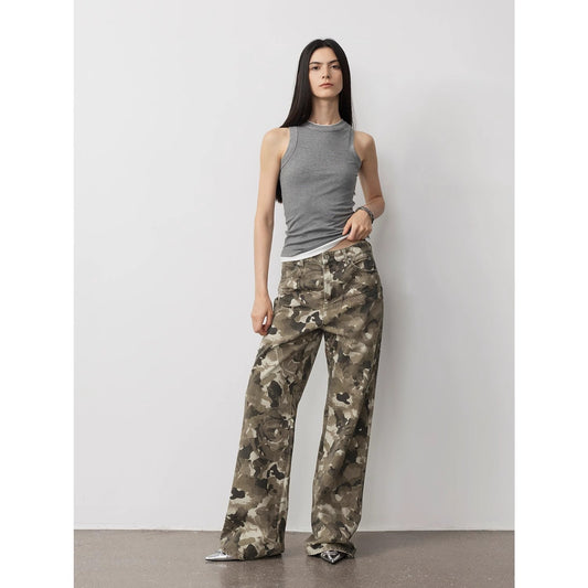 "Camouflage Charm " Cool, Trendy, Unique, and Personalized Original Camouflage Print Washed Loose Straight-Leg Denim Jeans-0