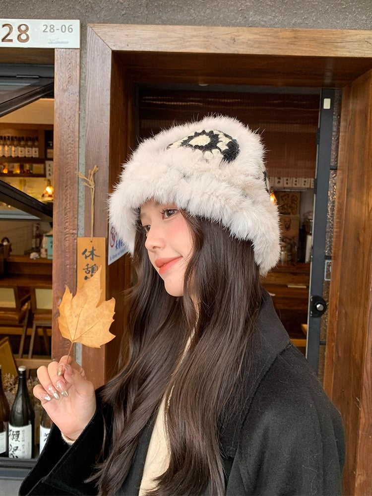 Ethnic festive rabbit fur knitted plush hat-1
