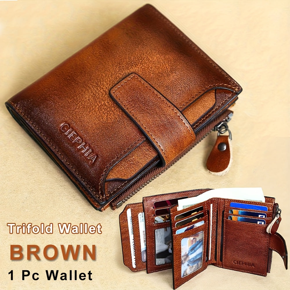 1pc CIEPHIA Men's Genuine Leather Wallet Vintage RFID Blocking Anti-Theft Billfold with Adjustable Strap, 17 Card Slots, ID Window, Coin Pocket & Zipper Closure - Deep Brown, Valentine's Day Gift for Men, Perfect for Thanksgi