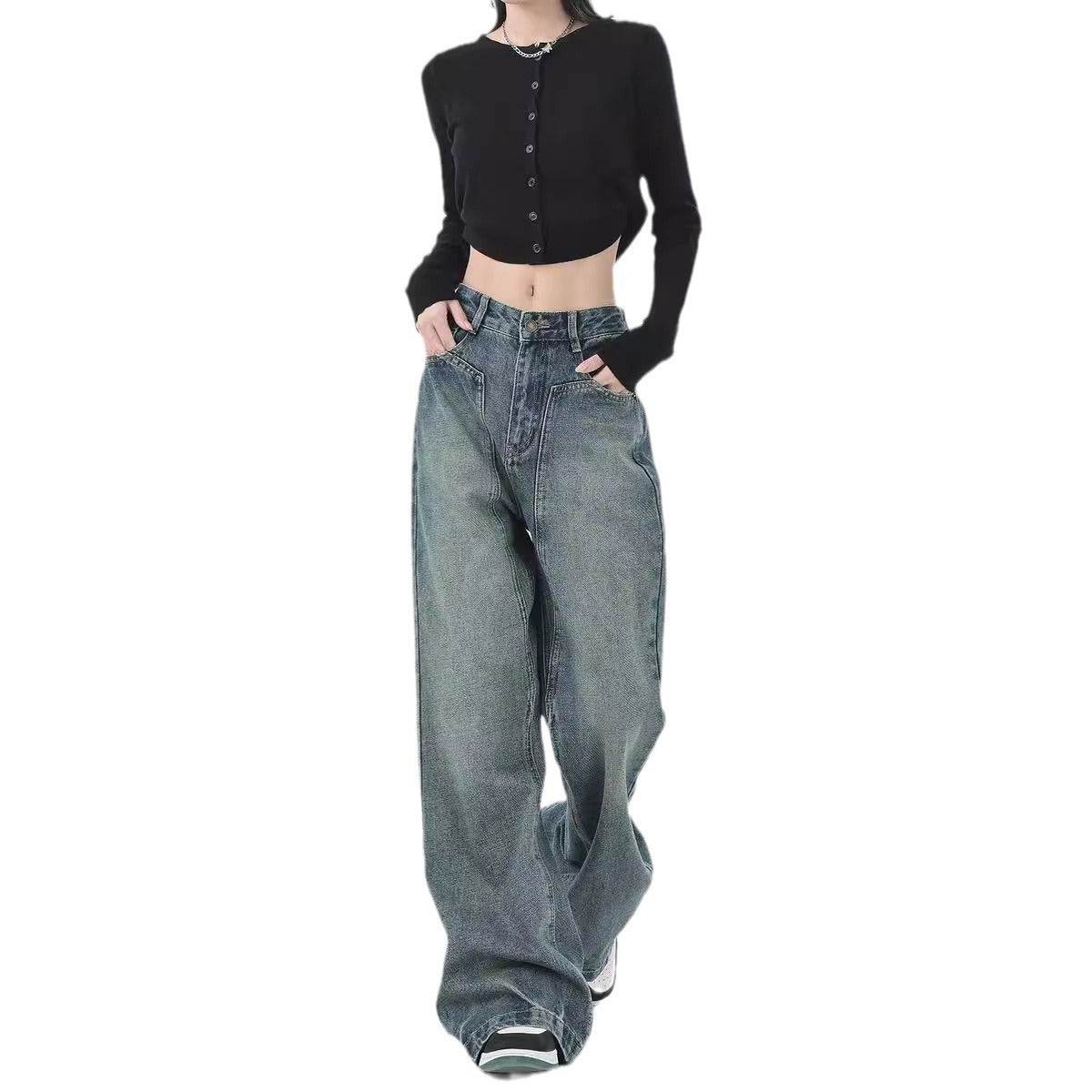 Retro Design Wide Leg Pants High Waisted Boyfriend Jeans