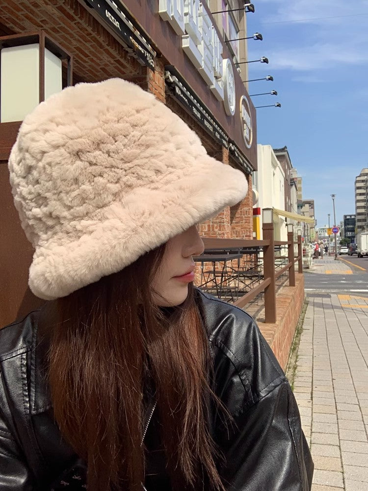 Rex rabbit fur hand-knitted bucket hat-2