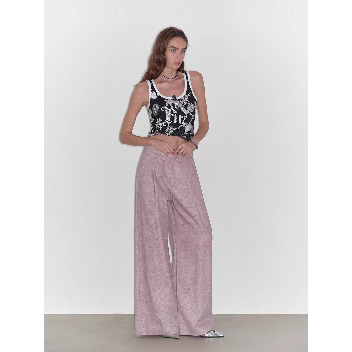 "Light and Shadow Walking" Retro Fashionable Dirty Printed Reverse-Fold Mid-Low-Waist Double-pleat Straight-leg Wide-Leg Casual Pants-1