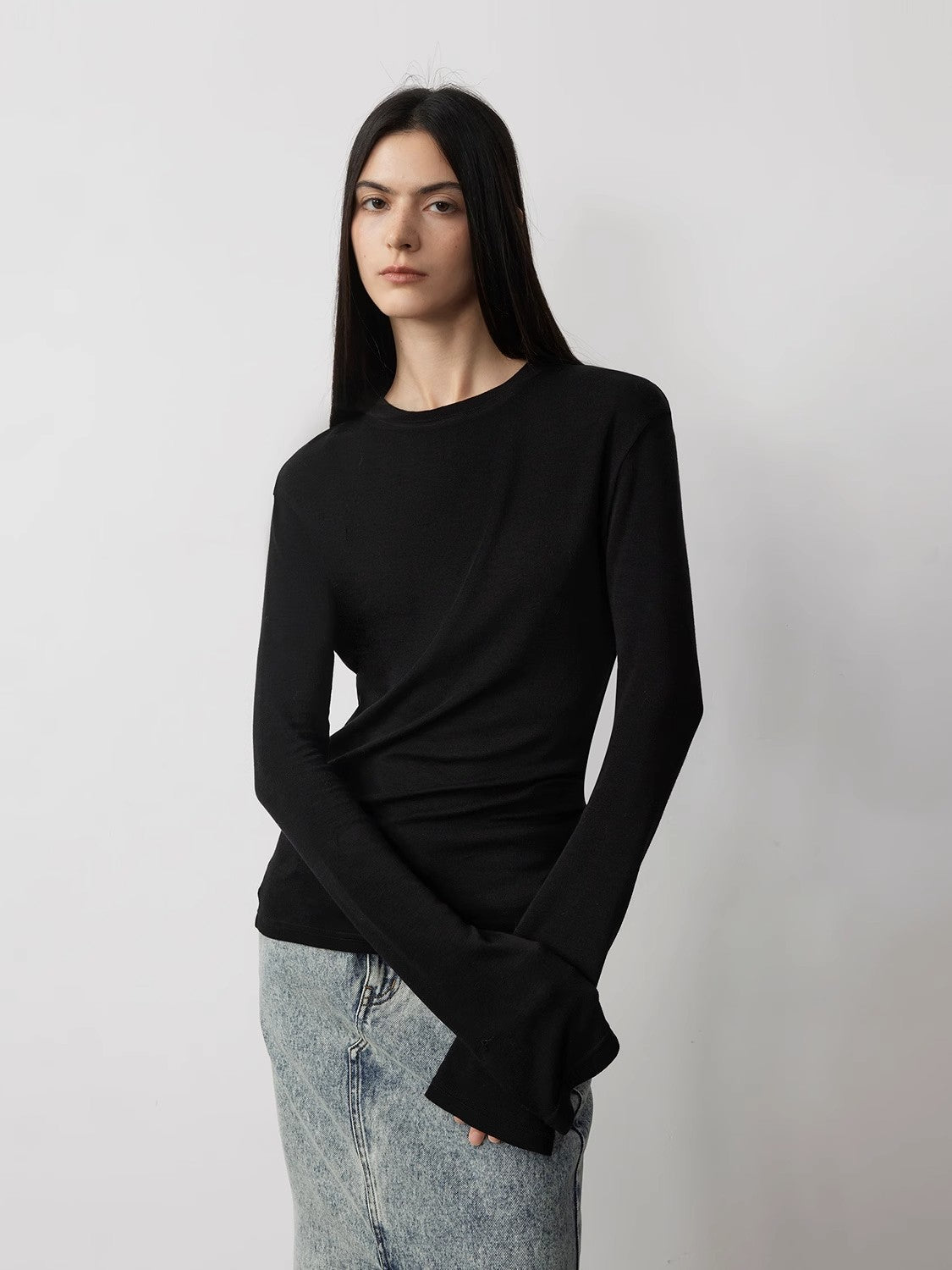 Lyocell wool stretch comfortable breathable fit minimalist solid color long-sleeved T-shirt-0