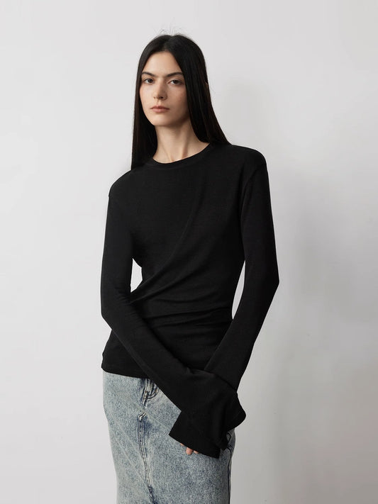 Lyocell wool stretch comfortable breathable fit minimalist solid color long-sleeved T-shirt-0