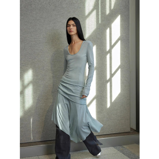 "Dreamy Ball" Lightweight and Breathable 100% Wool / U-neck Irregular Hem Long Dress for Women-0
