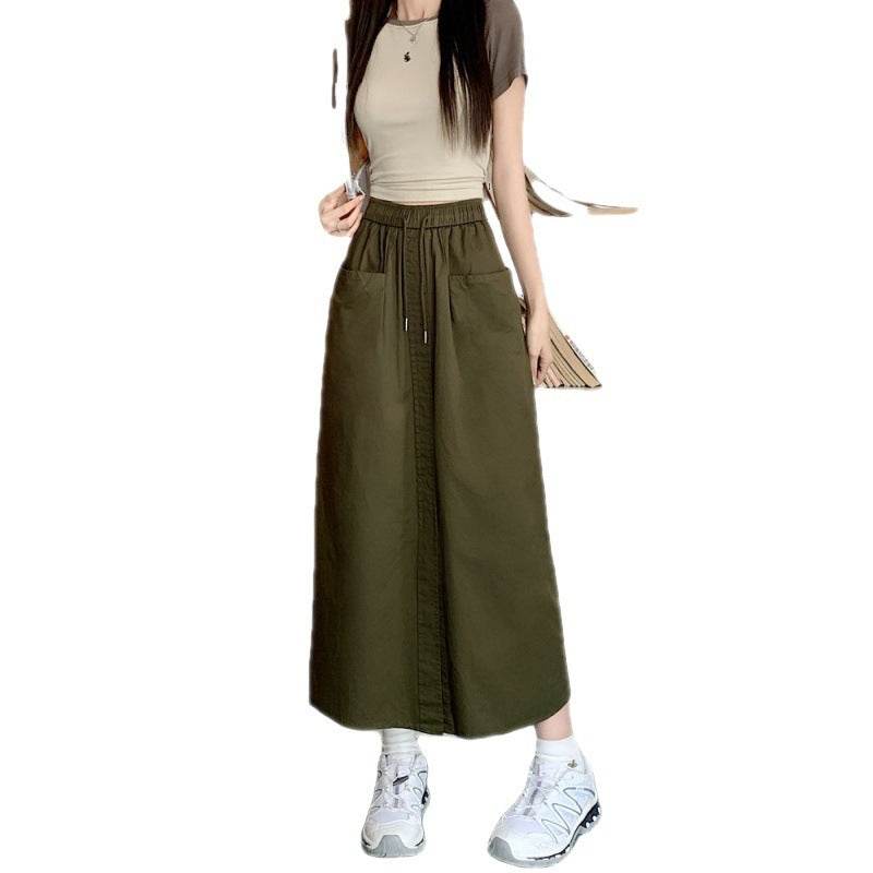 Women's front slit Washed Cotton Midi Cargo Skirt