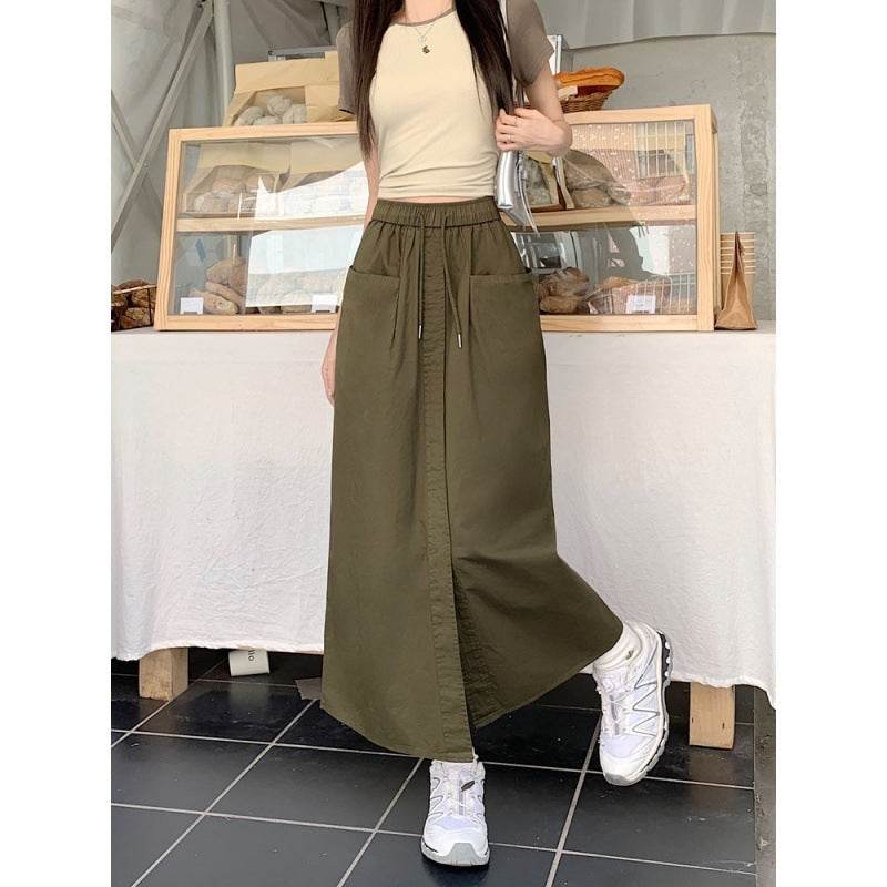 Women's front slit Washed Cotton Midi Cargo Skirt